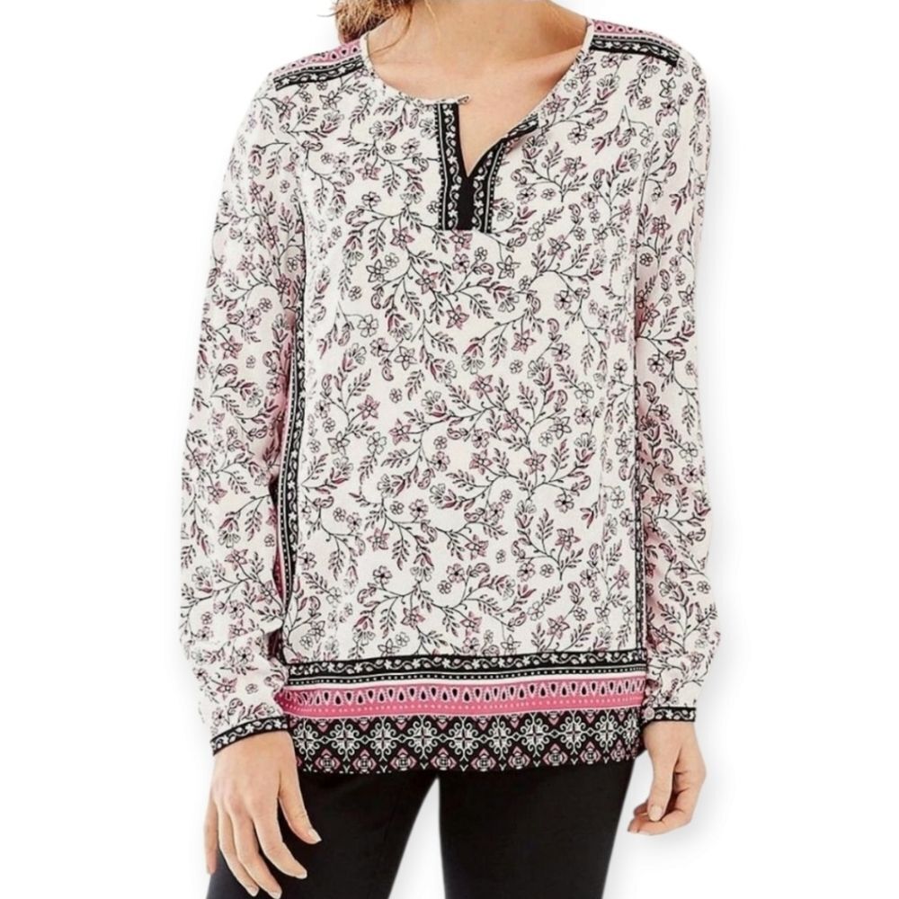 J. Jill Women Tunic Blouse Top Neck Floral White Pink Long Sleeve Size M - Picture 2 of 13